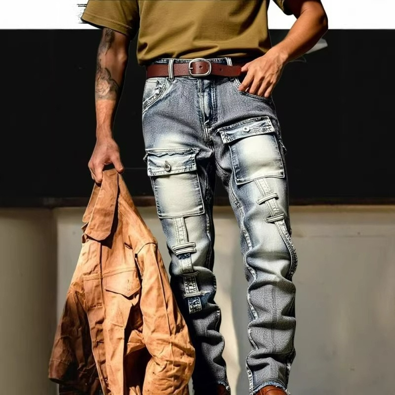 Streetwear Brand America - Męskie spodnie z efektem zniszczenia, sprane,